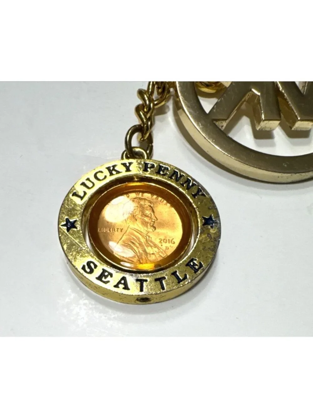 Michael Kors MK Monogram with Penny Logo Bag Charm Key Fob Gold with Tan Leather